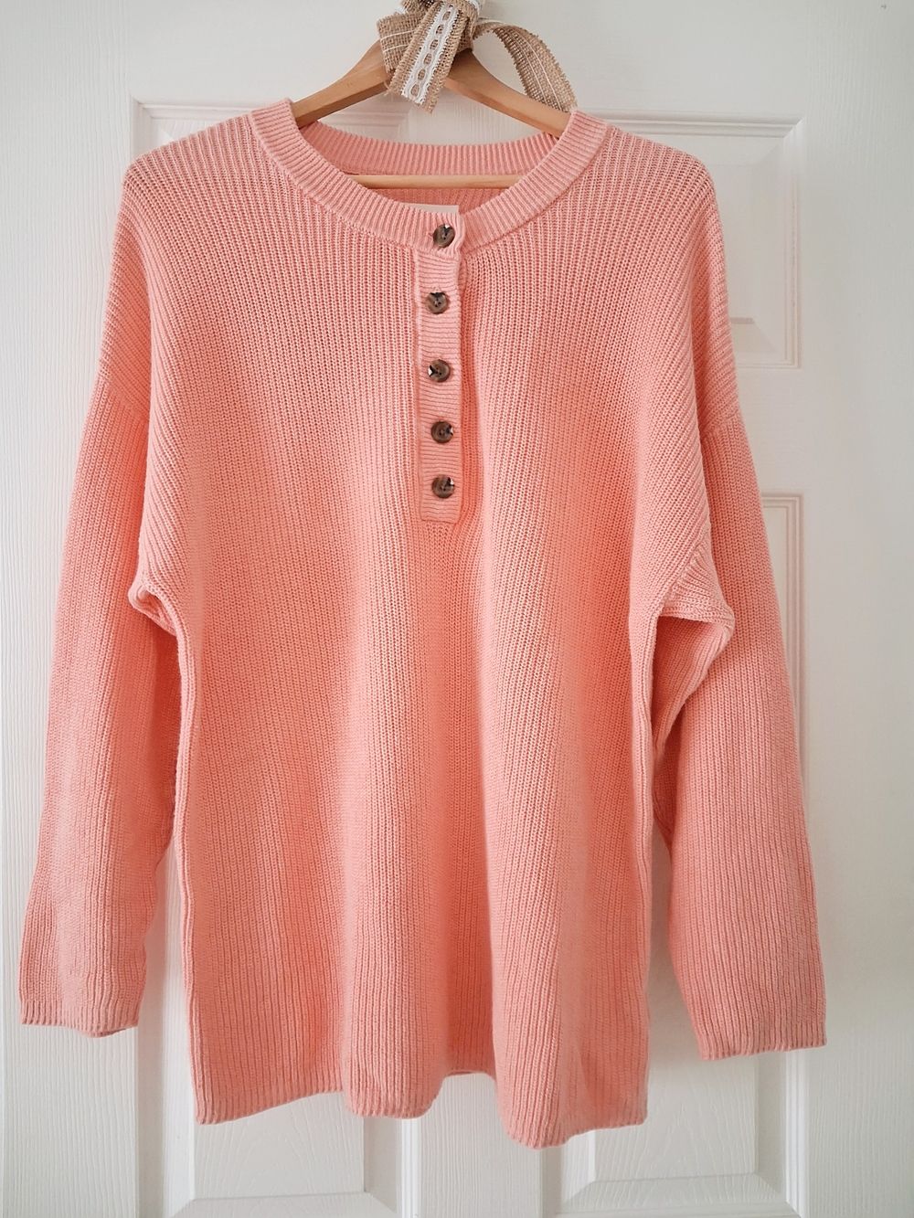 Aerie Cozy Strawberry Patch Pink Button Front Oversized Cotton Henley Sweater